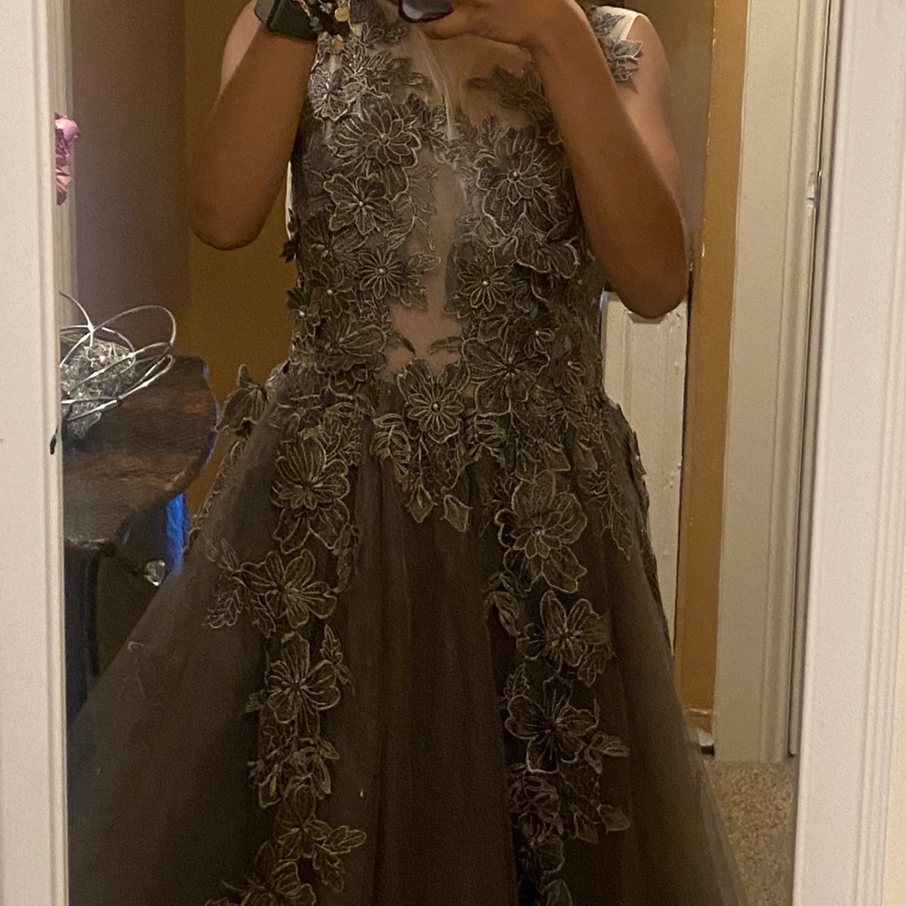 grey event gown, prom dress